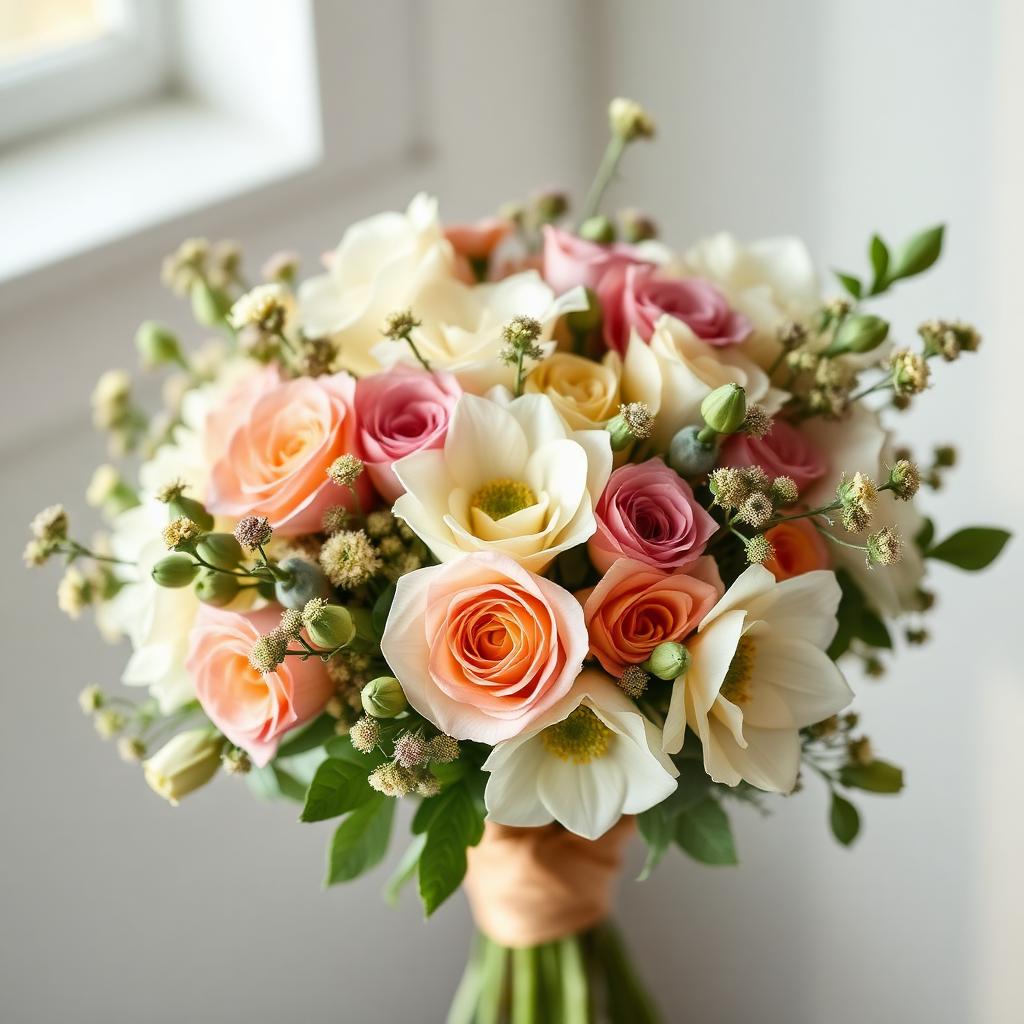 Frisch gebundener Blumenstrauß in Creme- und Rosatönen