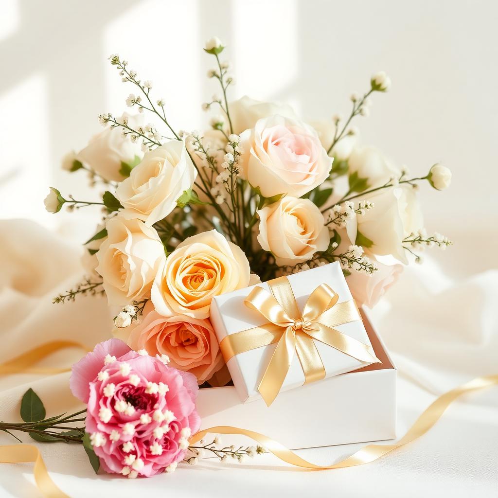 Elegantes Blumengeschenk mit Rosen und goldener Schleife