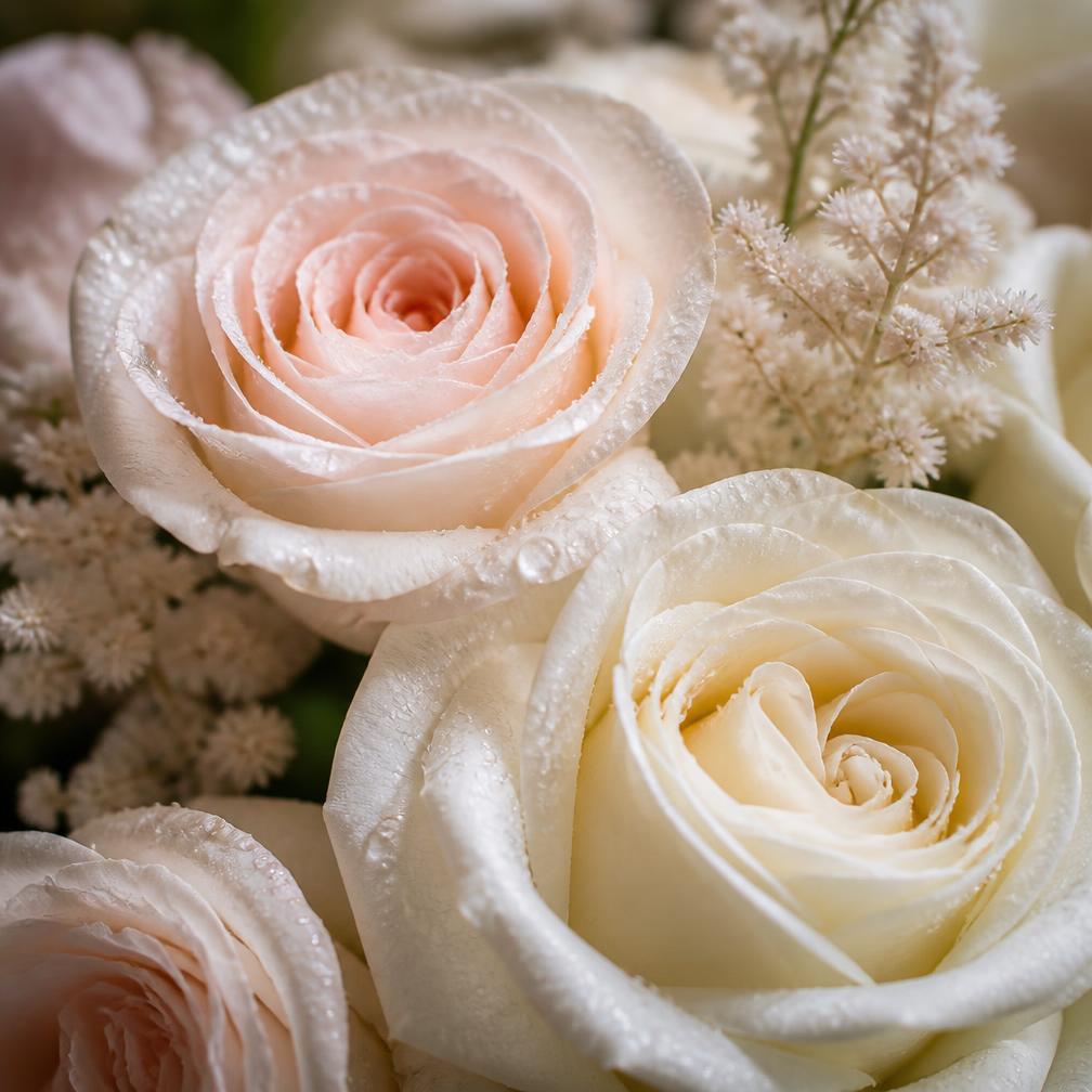 Cremefarbene und zartrosa Rosen in Nahaufnahme