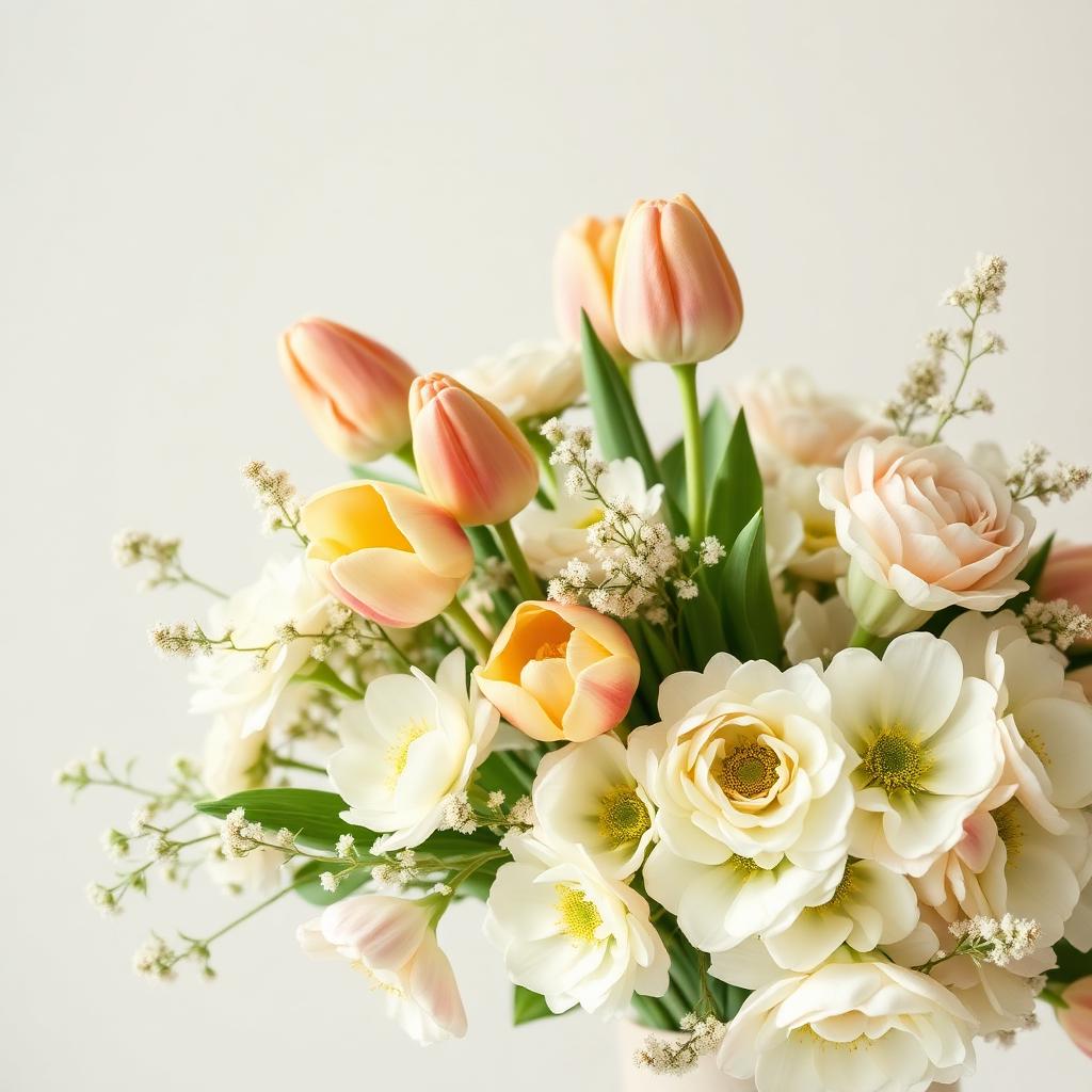 Saisonaler Frühlingsstrauß mit Tulpen und Ranunkeln