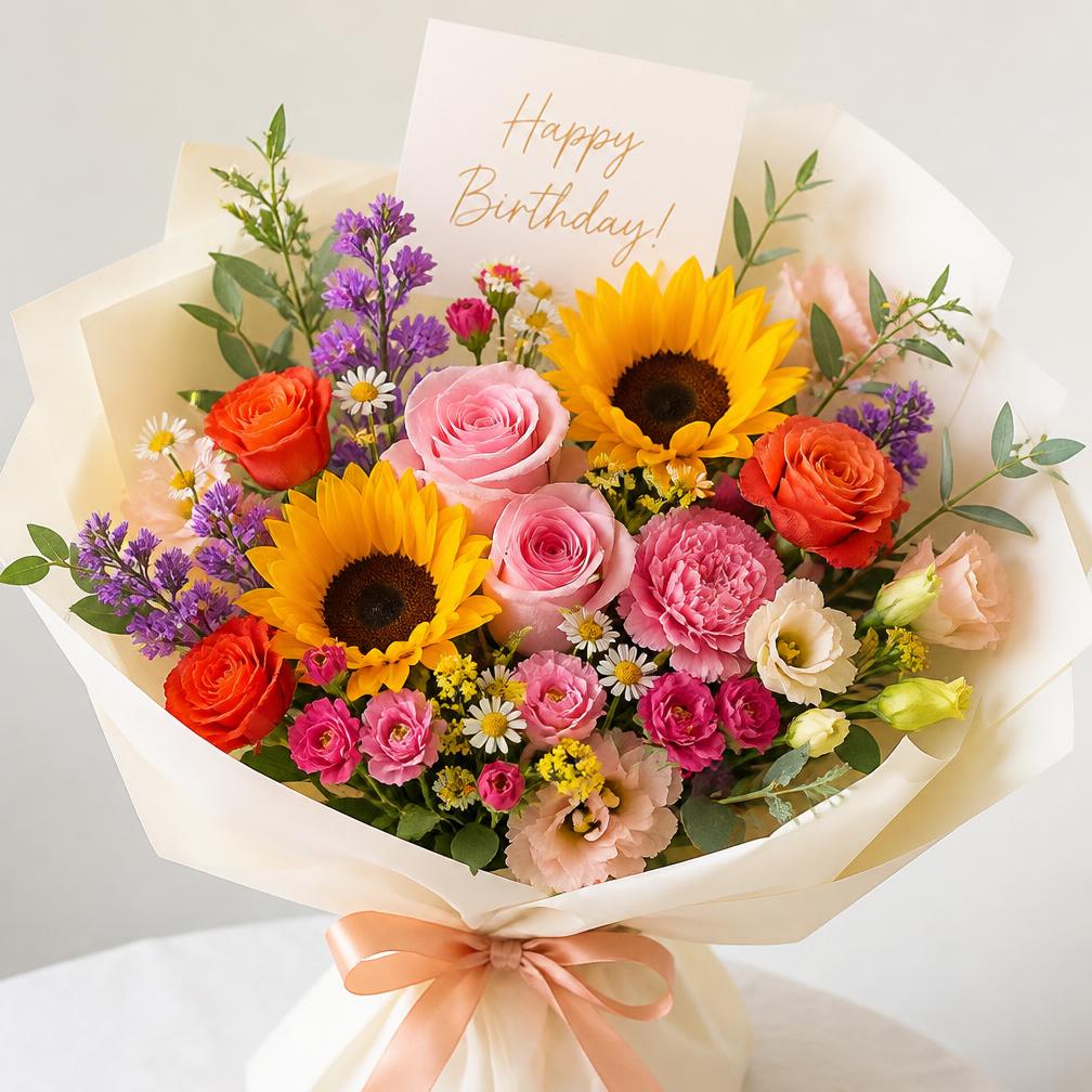 Bunter Geburtstagsstrauß mit Sonnenblumen und Rosen