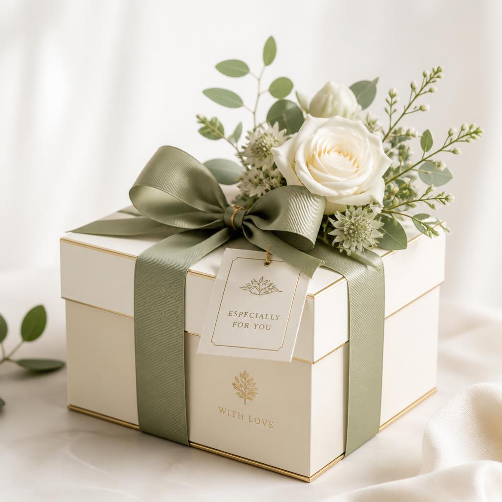 Elegant verpackte Blumen-Geschenkbox mit Schleife